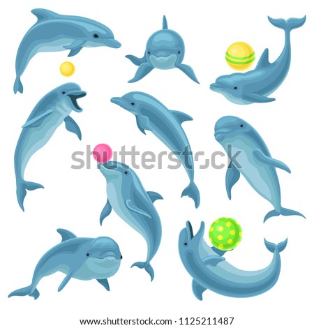 Cute blue dolphins set, dolphin jumping and performings tricks with ball for entertainment show vector Illustration on a white background