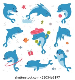 Cute blue dolphins set. Funny happy underwater animals playing and performing tricks cartoon vector illustration