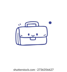 A cute blue doodle of a briefcase with a smiling face.