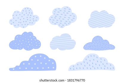 Cute blue doodle cloud set. Monochrome collection of hand drawn decorative clouds with circle spots, dots, lines. Design element great for kids background greeting cards or clothes Vector illustration
