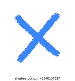 Cute blue doodle hand drawn cross, checkmark isolated on white background. Minimalistic vector element in bright colors.