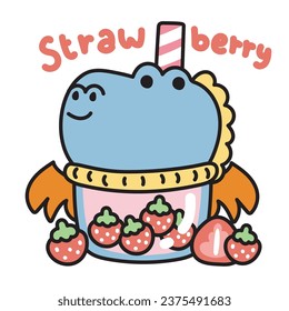 Cute blue dragon bubble strawberry milk tea with on white background.Jurassic animal character cartoon design.Sweet drinking.Fruit.Kawaii.Vector.Illustration.