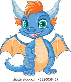 Cute blue dragon cartoon character sitting isolated illustration