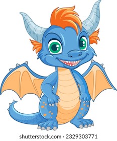 Cute blue dragon cartoon character standing isolated illustration