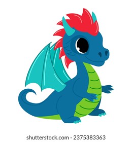 Cute blue dragon. Child dragon persona. Cartoon modern style vector illustration.