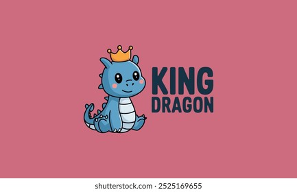 Cute blue dragon with a crown sitting on a pink background.