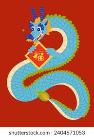 Cute blue dragon with doufang element isolated on red background. Text: Fortune.