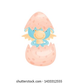 Cute blue dragon hatched from an egg. Vector illustration on white background.