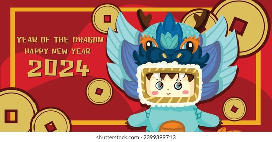 cute blue Dragon holding golden coin, and orange. Year of dragon Vector illustration. cute blue dragon banner, cute mascot. 