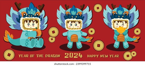 cute blue Dragon holding golden coin, and orange. Year of dragon Vector illustration. cute blue dragon banner, cute mascot. 