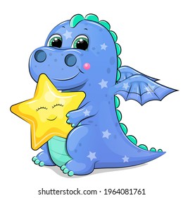 A cute blue dragon is holding a yellow star. Night vector illustration isolated on white.