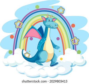 Cute blue dragon on the cloud with rainbow illustration