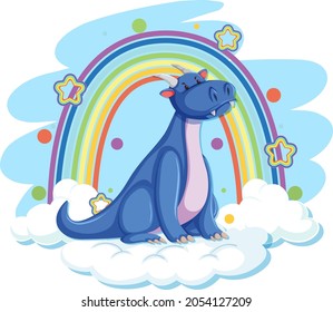 Cute blue dragon on the cloud with rainbow illustration