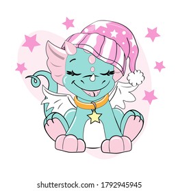 Cute blue dragon with a pink cap for sleeping on a white background isolated