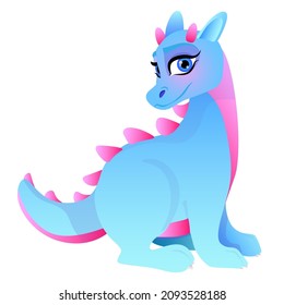 Cute blue dragon with pink horns on its head and pink spikes on its back and tail