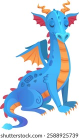 Cute blue dragon with vibrant orange horns, wings, and tail tip sitting peacefully with closed eyes, creating a whimsical and enchanting illustration on a clean white background