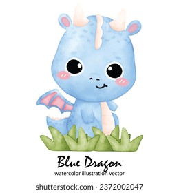 Cute Blue Dragon, Dragon, watercolor, illustration vector, Year of the Dragon