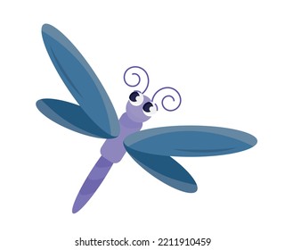 Cute blue dragonfly. Insect or animal with wings. Graphic element for website, poster or banner. Fauna and wild life. Sticker for social networks and messengers. Cartoon flat vector illustration