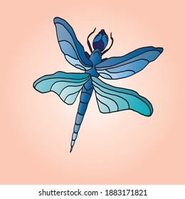cute blue dragonfly vector illustration on pink background. thin black outline. hand drawn vector. doodle for kids, wallpaper, cover, banner, poster, sticker, clipart, education, tatto image.   