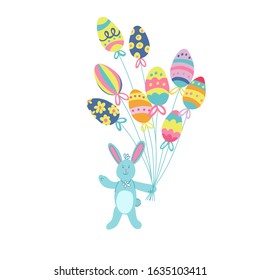 A cute blue Easter bunny with colorful eggs balloons decorated with different ornaments. Hand drawn vector illustration isolated on white background. Great for Easter products design, greeting cards.