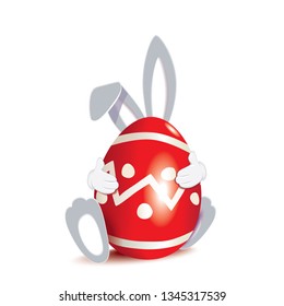 Cute blue Easter Bunny hugged red colored ornamented egg isolated on a white background,vector illustration for holiday greeting