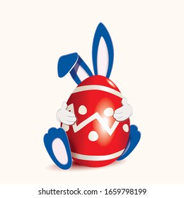 Cute blue Easter Bunny hugged red colored ornamented egg isolated on a white background,vector illustration for holiday greeting