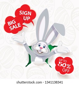 Cute blue Easter Bunny jumping out from sketched paper,Easter sale web banner,vector illustration of online shopping website