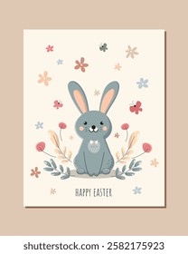Cute blue Easter bunny sitting on a beige background with colorful flowers. flat vector illustration is for Easter cards, kids' designs, and festive decorations. Soft pastel colors, playful style