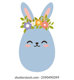 Cute blue Easter egg with bunny ears and flower wreath