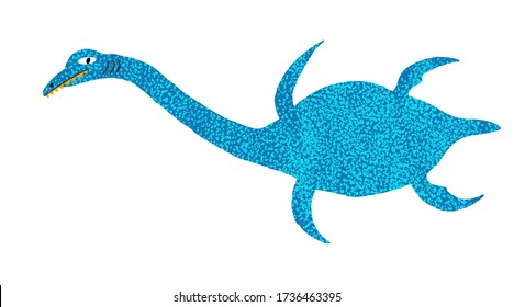 Cute blue elasmosaurus isolated on white background. Funny marine dinosaur with long neck. Flat style drawing of extinct sea reptile. Fun design for print. Stock vector illustration drawn by hand.