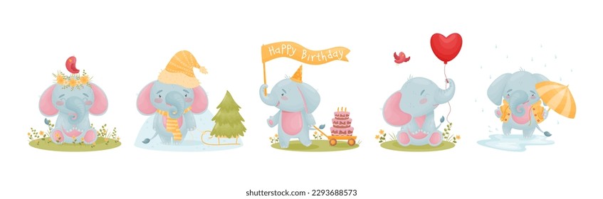 Cute Blue Elephant Character Engaged in Different Activity Vector Set