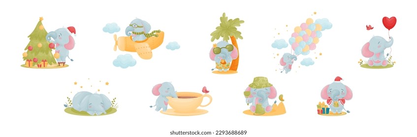 Cute Blue Elephant Character Engaged in Different Activity Vector Set