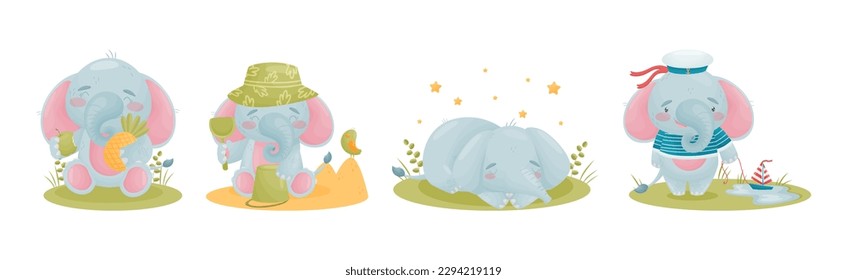 Cute Blue Elephant Character Engaged in Different Activity Vector Set