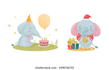 Cute Blue Elephant Character Holding Gift Box and Blowing Candles on Birthday Cake Vector Set