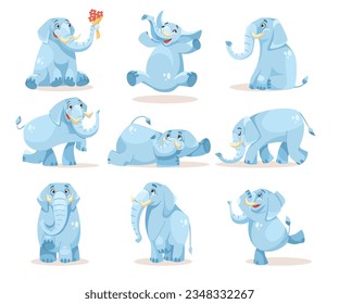 Cute Blue Elephant Character with Large Ear Flaps and Trunk Vector Set