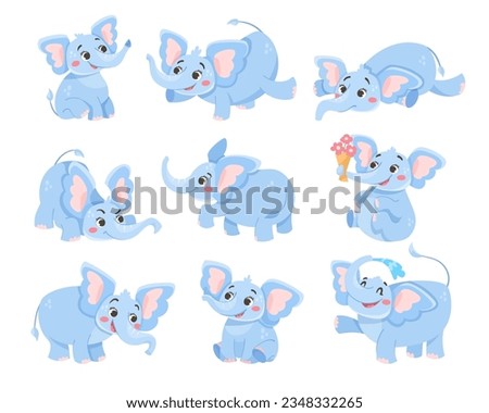 Cute Blue Elephant Character with Large Ear Flaps and Trunk Vector Set