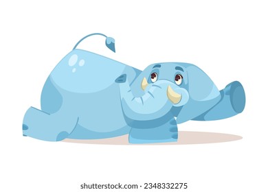 Cute Blue Elephant Character Lying on the Ground Vector Illustration