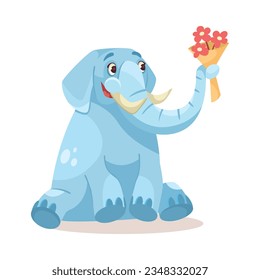 Cute Blue Elephant Character Sitting with Flower Bouquet Vector Illustration