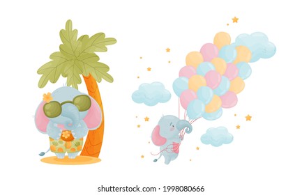 Cute Blue Elephant Character Standing Under Palm Tree and Flying with Balloon Bunch Vector Set