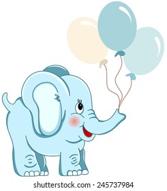 Cute blue elephant holding balloons