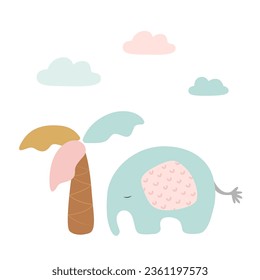 Cute blue elephant near a palm tree. Vector children's illustration in modern style. Template for poster, fabric, wallpaper, clothing, paper, card, banner.