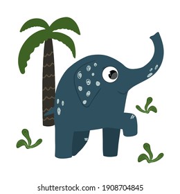 Cute blue elephant with a palm tree. Vector children's illustration. Isolated on white