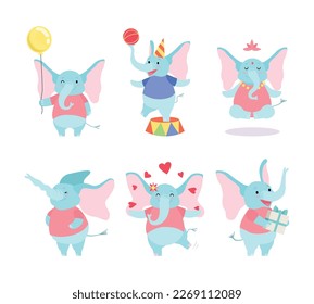 Cute Blue Elephant with Trunk Engaged in Different Activity Vector Set