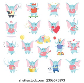 Cute Blue Elephant with Trunk Engaged in Different Activity Big Vector Set