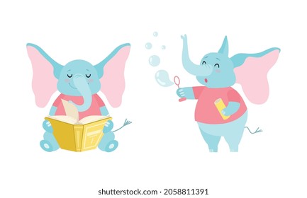 Cute Blue Elephant with Trunk Reading Book and Blowing Soap Bubbles Vector Set