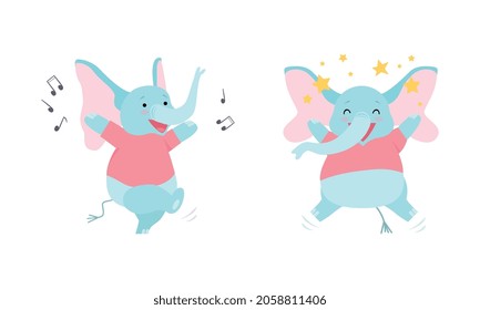 Cute Blue Elephant with Trunk Singing and Dancing to Music Vector Set