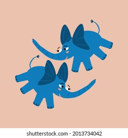 Cute blue elephants with funny eyes. Isolated safari animals on a pink background. Adorable character in flat style. African wildlife hand drawn vector illustration.