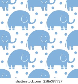 Cute blue elephants seamless pattern for babies. Cartoon animals seamless print for gender party, nest party, baby shower products. Simple elephants for prints of baby boy fabrics, textiles, clothes.