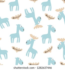 Cute blue elk hand drawn children vector illustration. Baby graphic for kids t-shirt seamless pattern. Moose with font on horns on white background. Cartoon animal for fabric textile print.