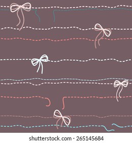 Cute blue embroidered seamless background with torn thread and tied bows